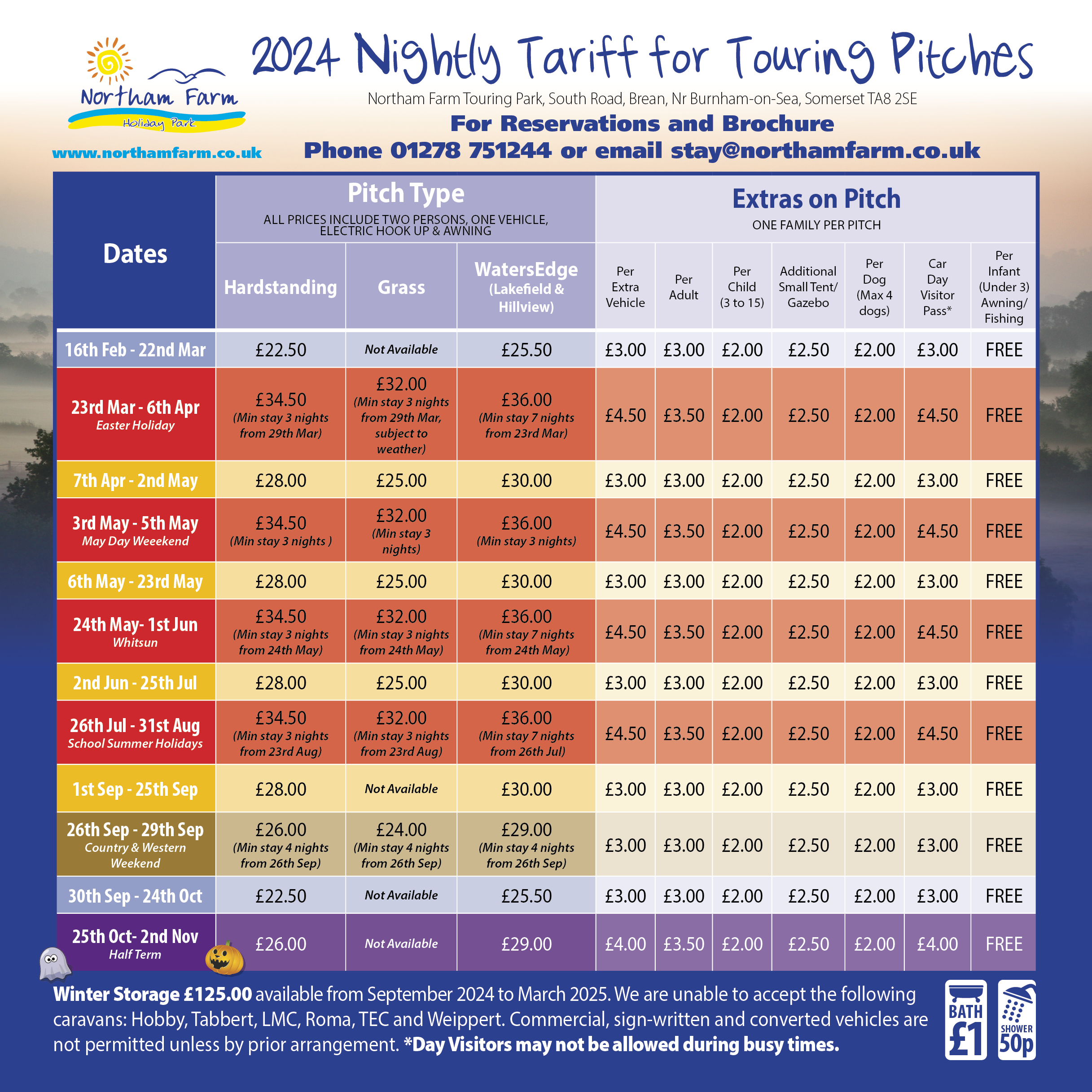 Northam Farm 2019 Nightly Tariff Touring Pitches Print Out